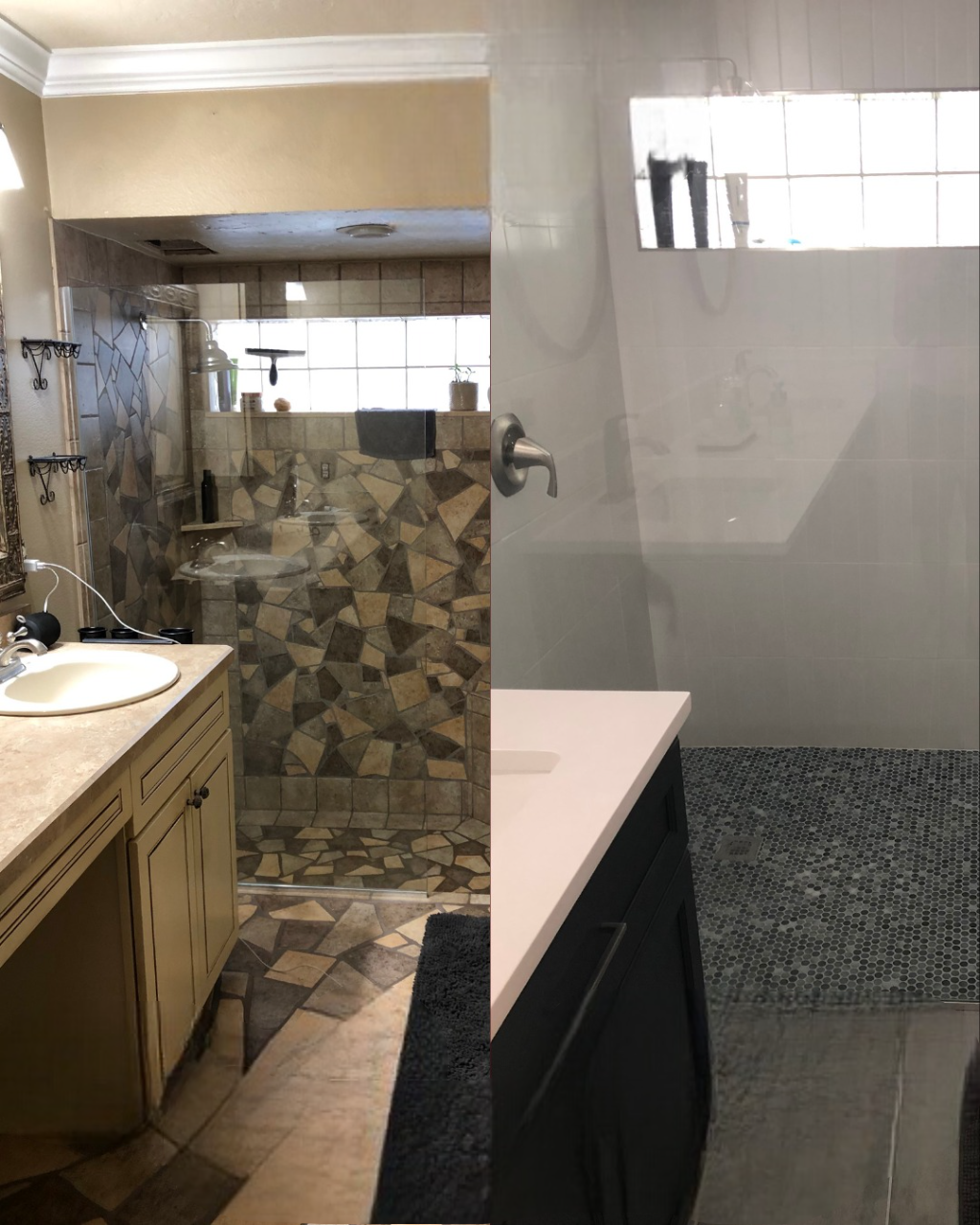 A before and after photo of a bathroom with a walk in shower