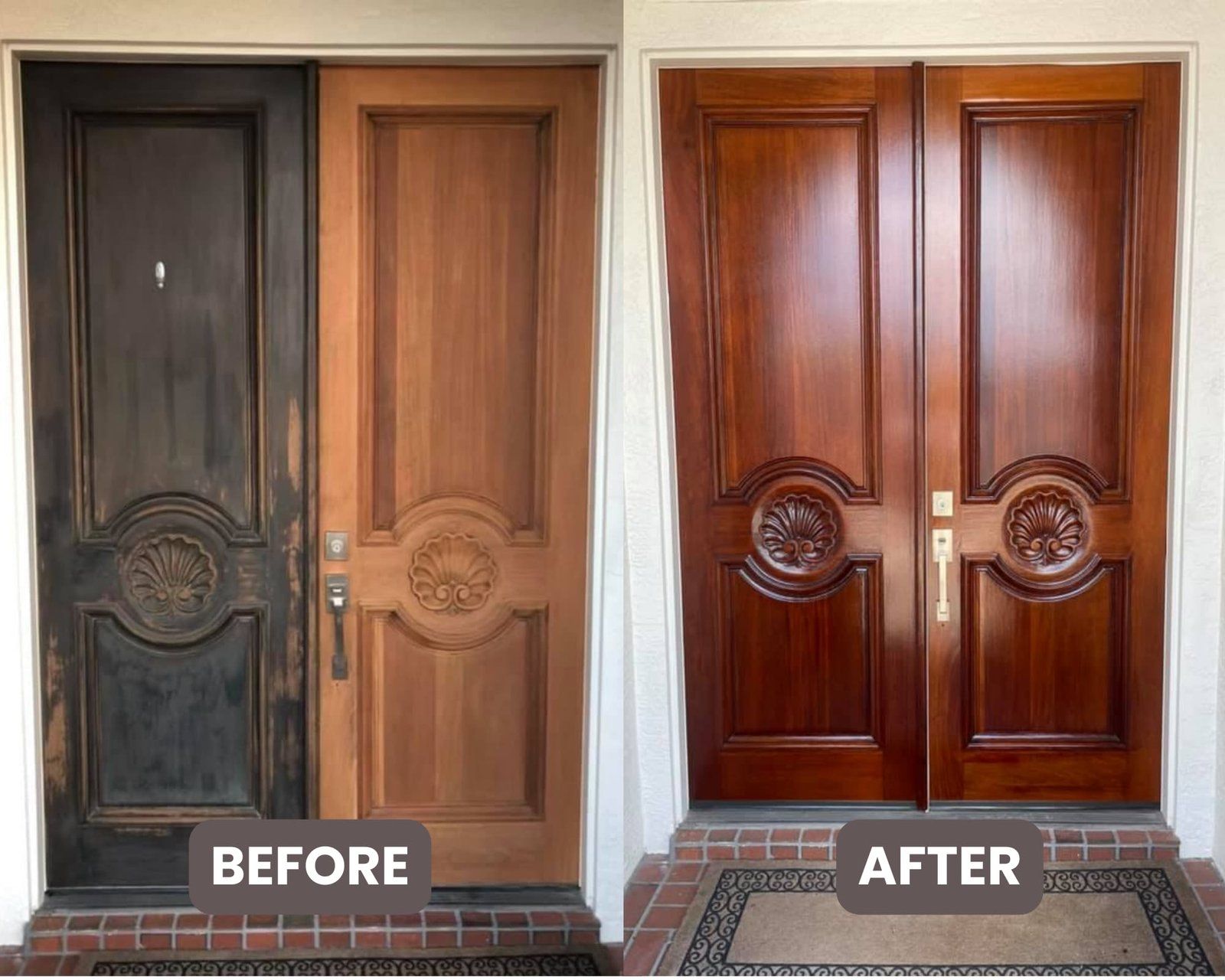 A before and after picture of a wooden door.