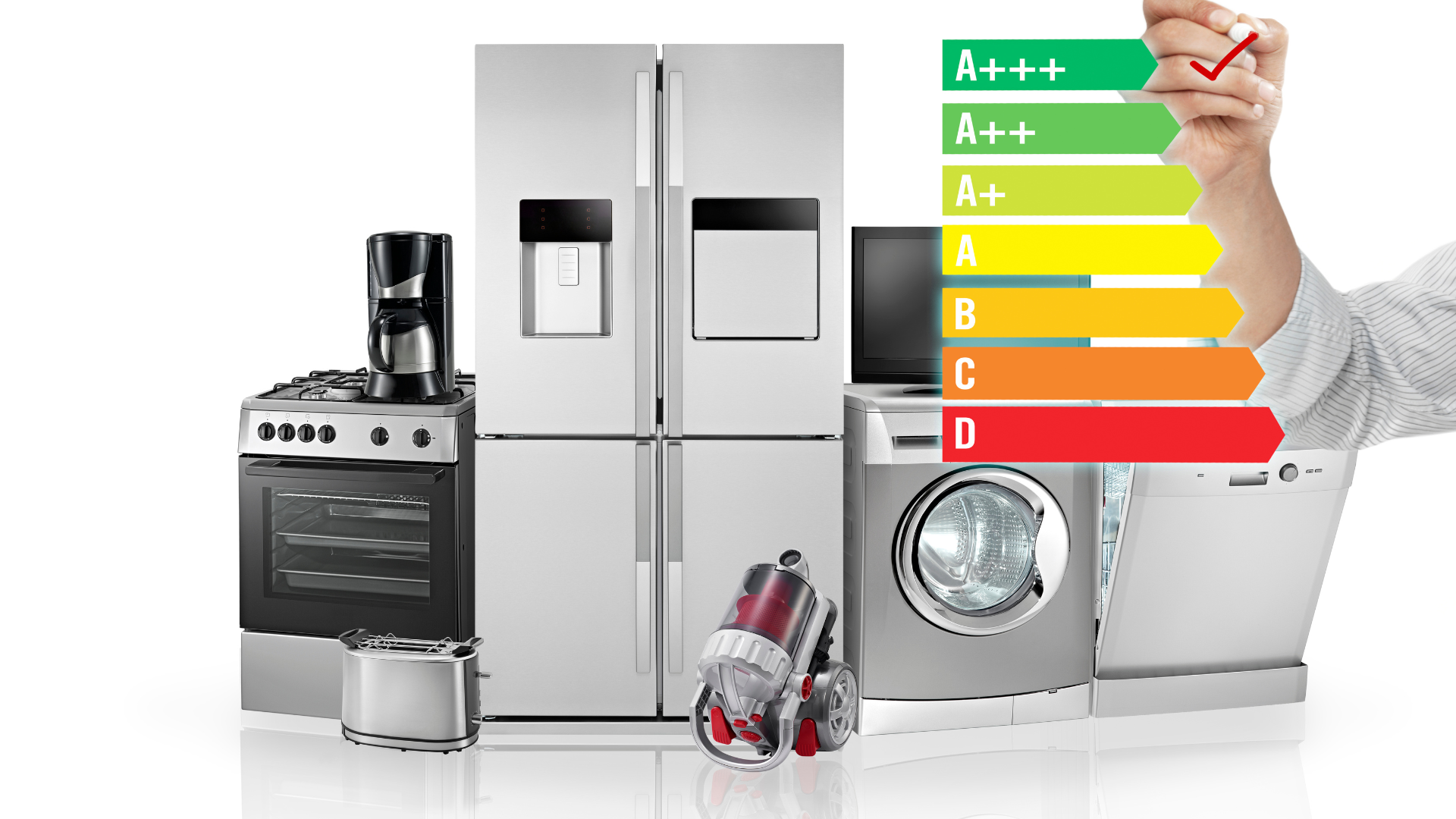 A person is holding an energy efficiency certificate in front of a bunch of appliances.