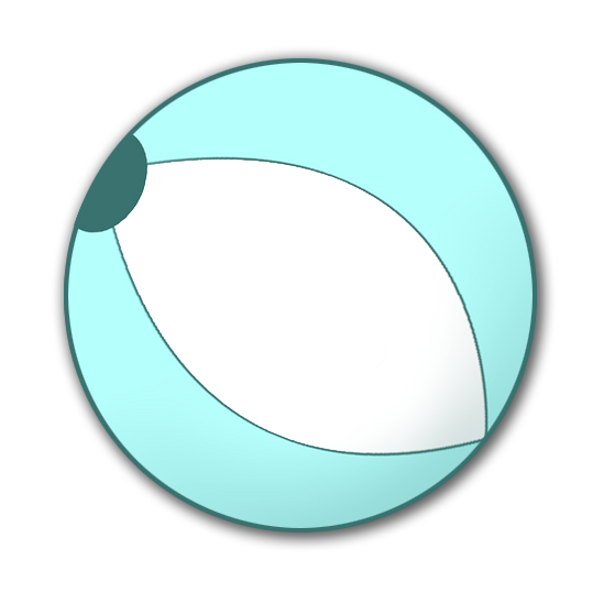A light blue beach ball with a black spot on the bottom