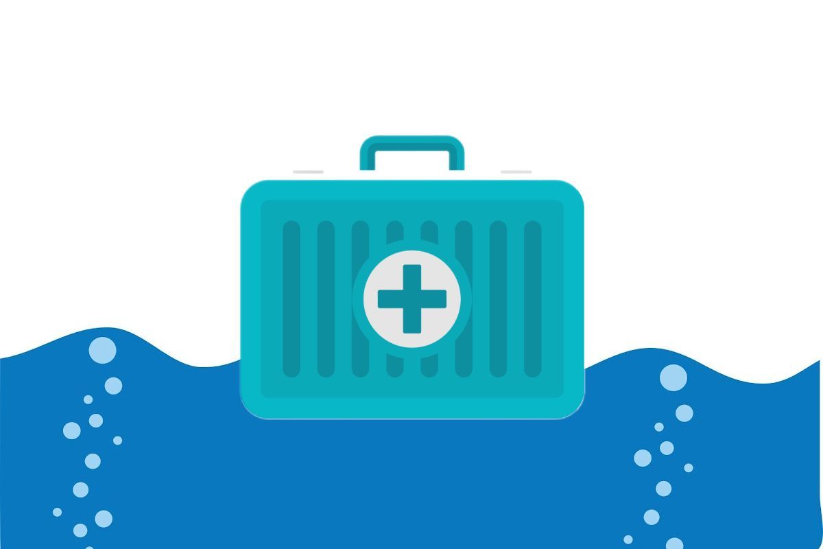 A blue first aid kit is floating in the water.