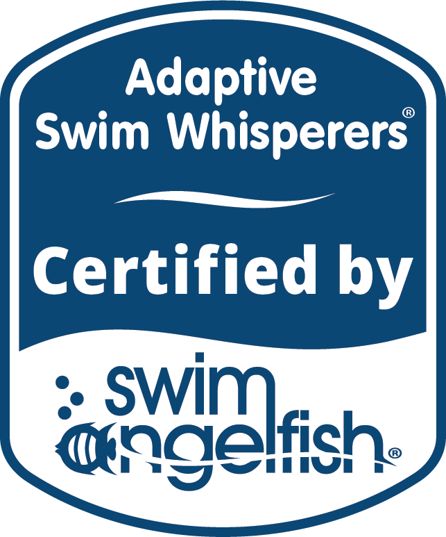 The logo for swim angelfish is pink and blue.