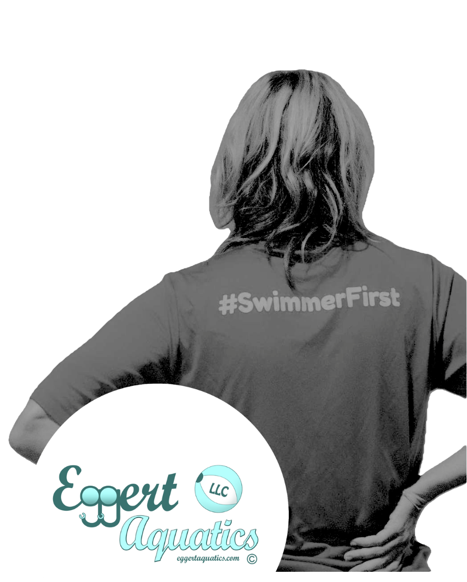 A woman is wearing a shirt that says # swimmer first