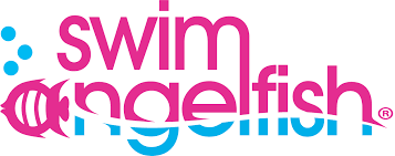 The logo for swim angelfish is pink and blue.