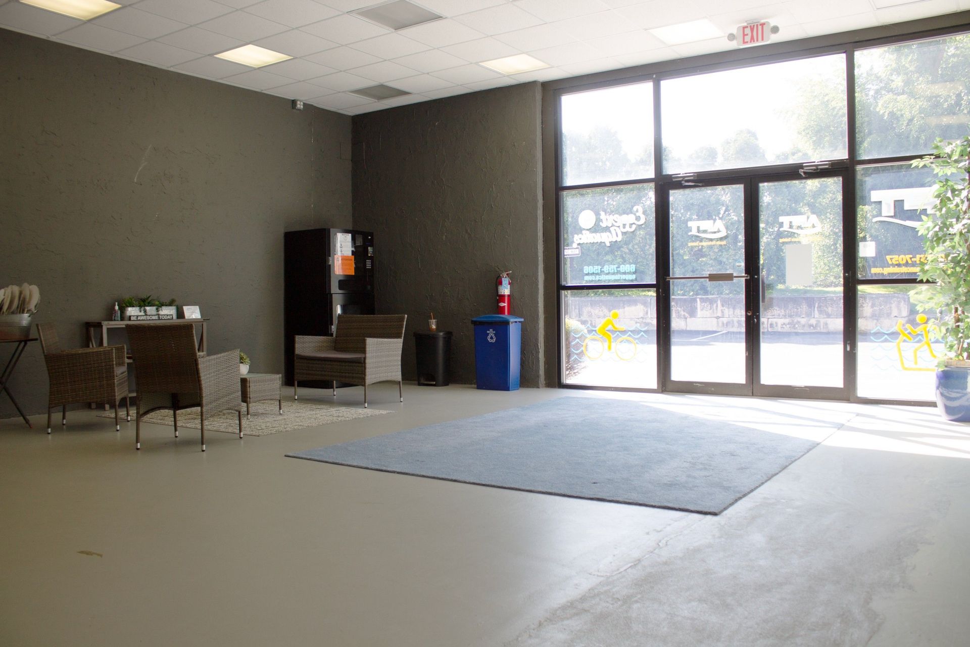 A large room with a lot of windows and a rug on the floor.