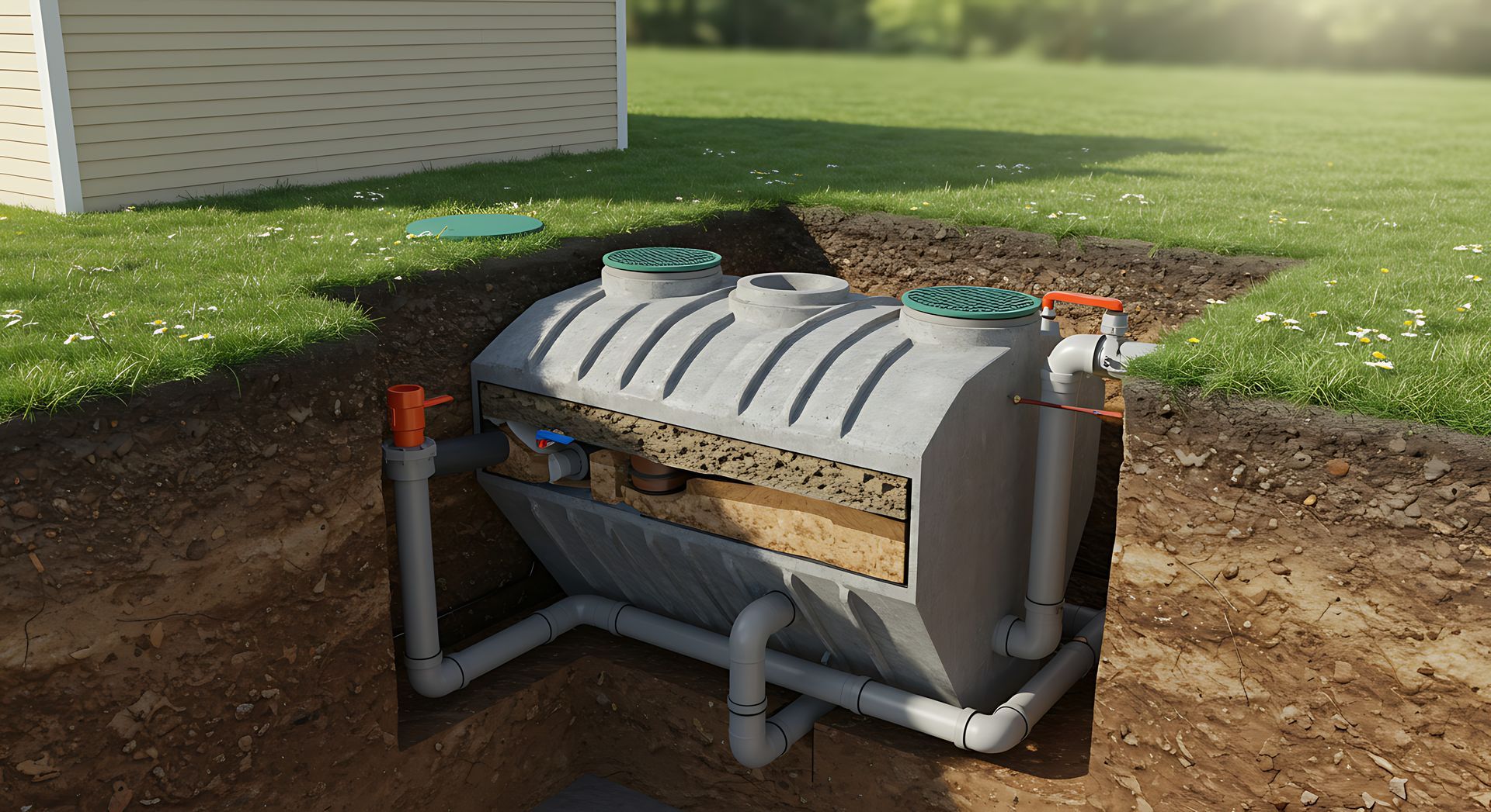 Cutaway view of an underground septic tank system. Showing tank components, pipes, and surrounding soil in a grassy yard.
