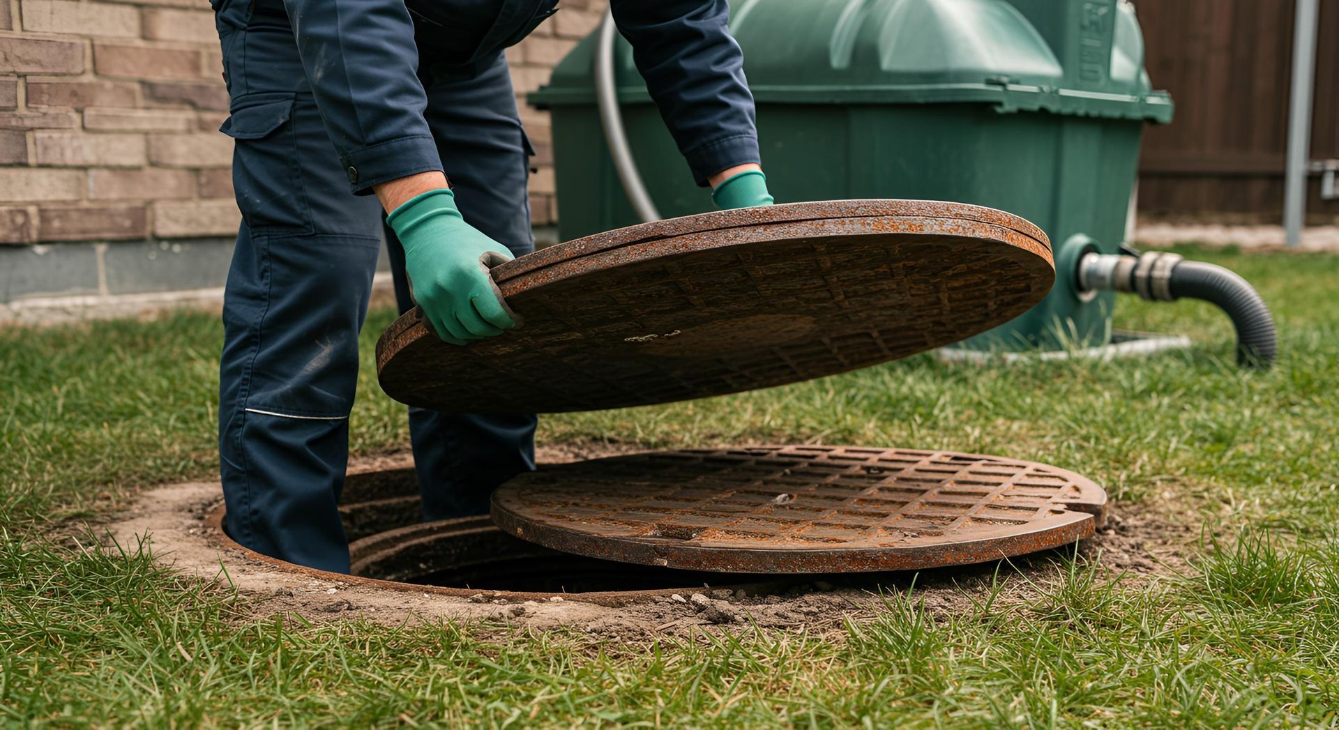 Person removing a manhole cover in a grassy yard, near a septic tank.