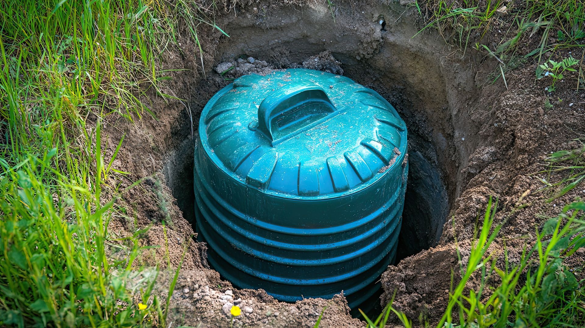 Green septic tank lid in a dirt hole, surrounded by grass.