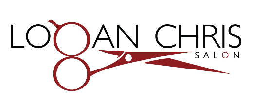A logo for logan chris salon with a pair of scissors