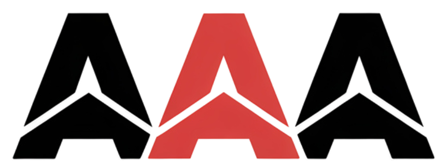 AAA logo, black A's flanking a red A, all with a central stylized triangle.