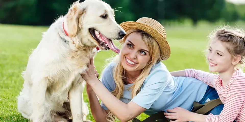 A woman and a little girl are petting a dog in a park.