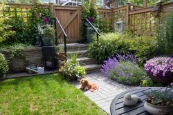 A dog is laying in the grass in a garden next to a table.