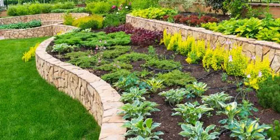 A garden with lots of plants and flowers and a stone wall.