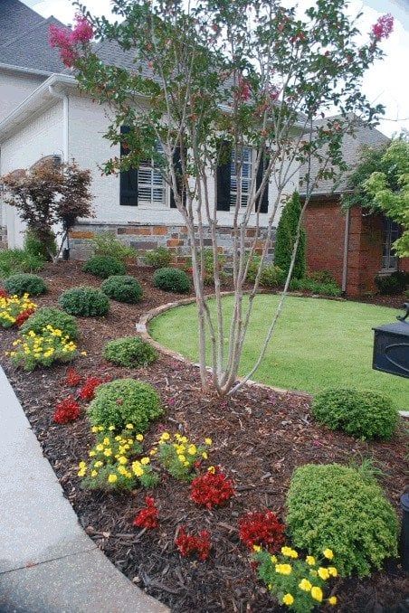 A lush green yard with flowers and bushes in front of a house