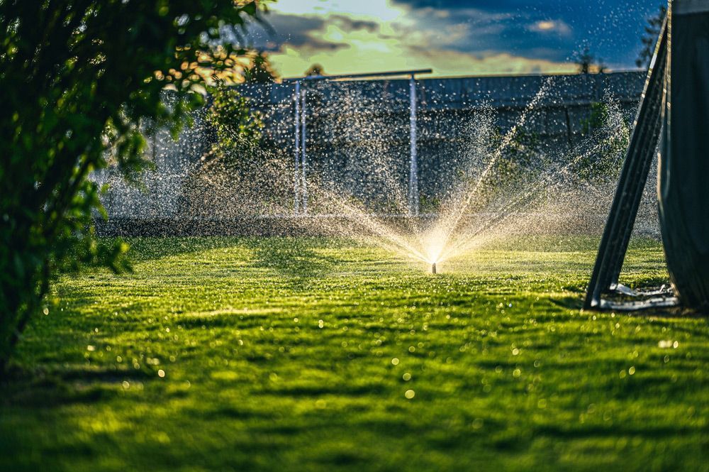 A sprinkler is spraying water on a lush green lawn.