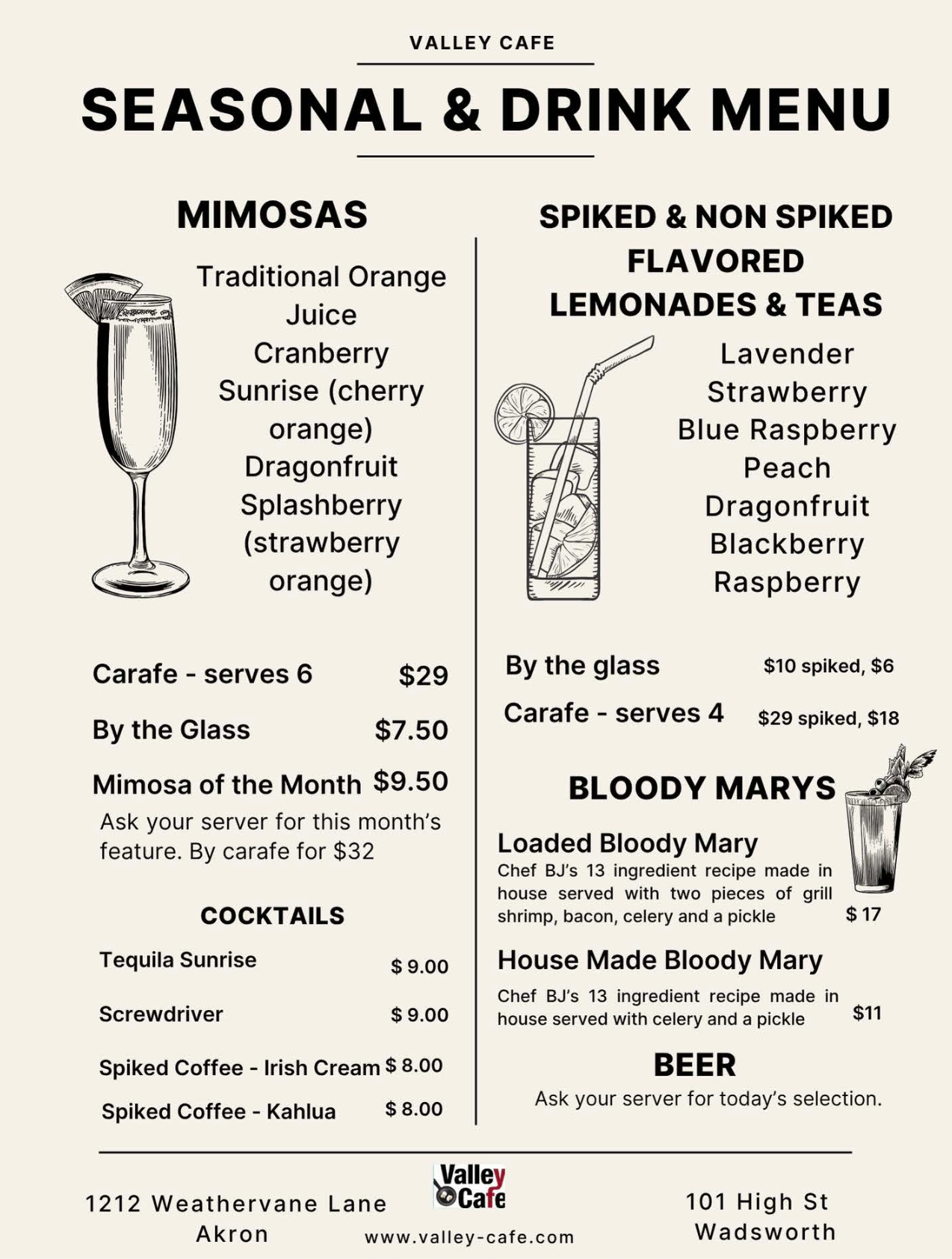 Valley Cafe Drink Menu