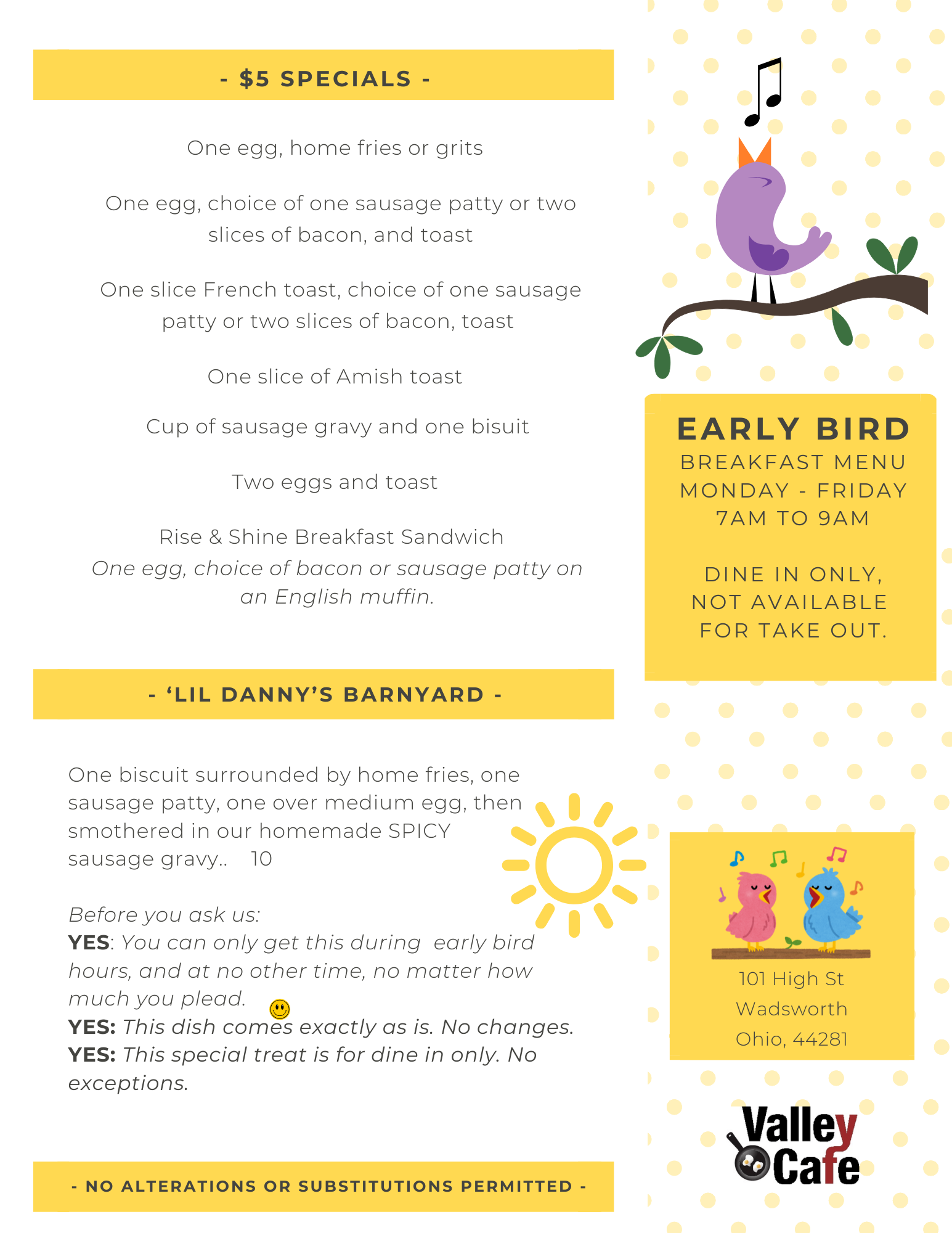Valley Cafe Early Bird Weekday Breakfast Specials.