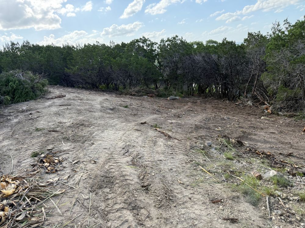 Dirt road clearing bordered by dense green shrubs under a partly cloudy sky