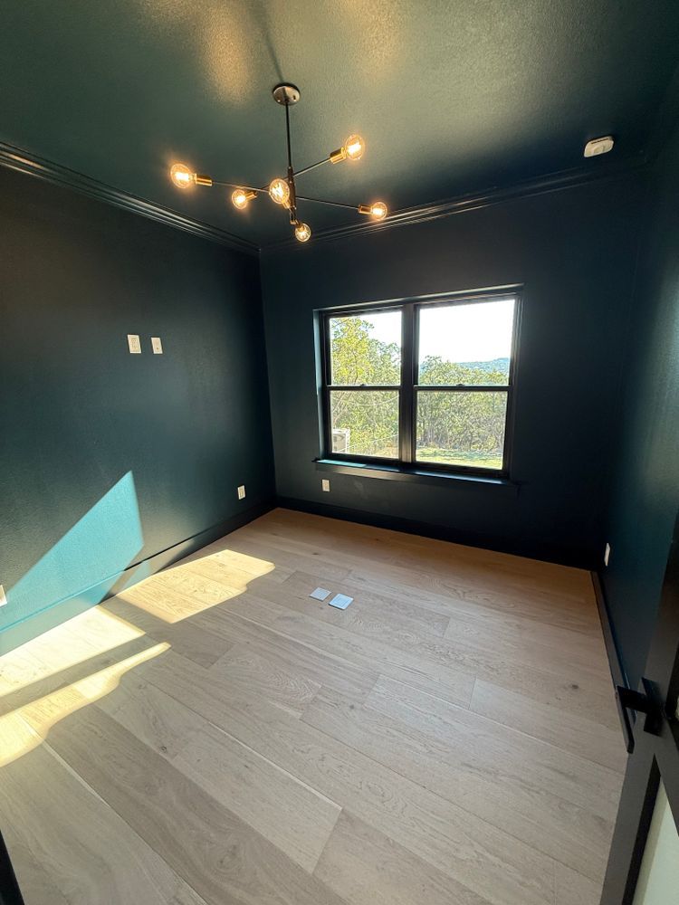 Empty dark-painted bedroom with hardwood floor, ceiling light, and a window with sunlight and trees outside