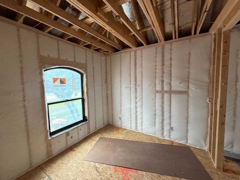 Unfinished room with exposed insulation, wood framing, and a window letting in daylight.