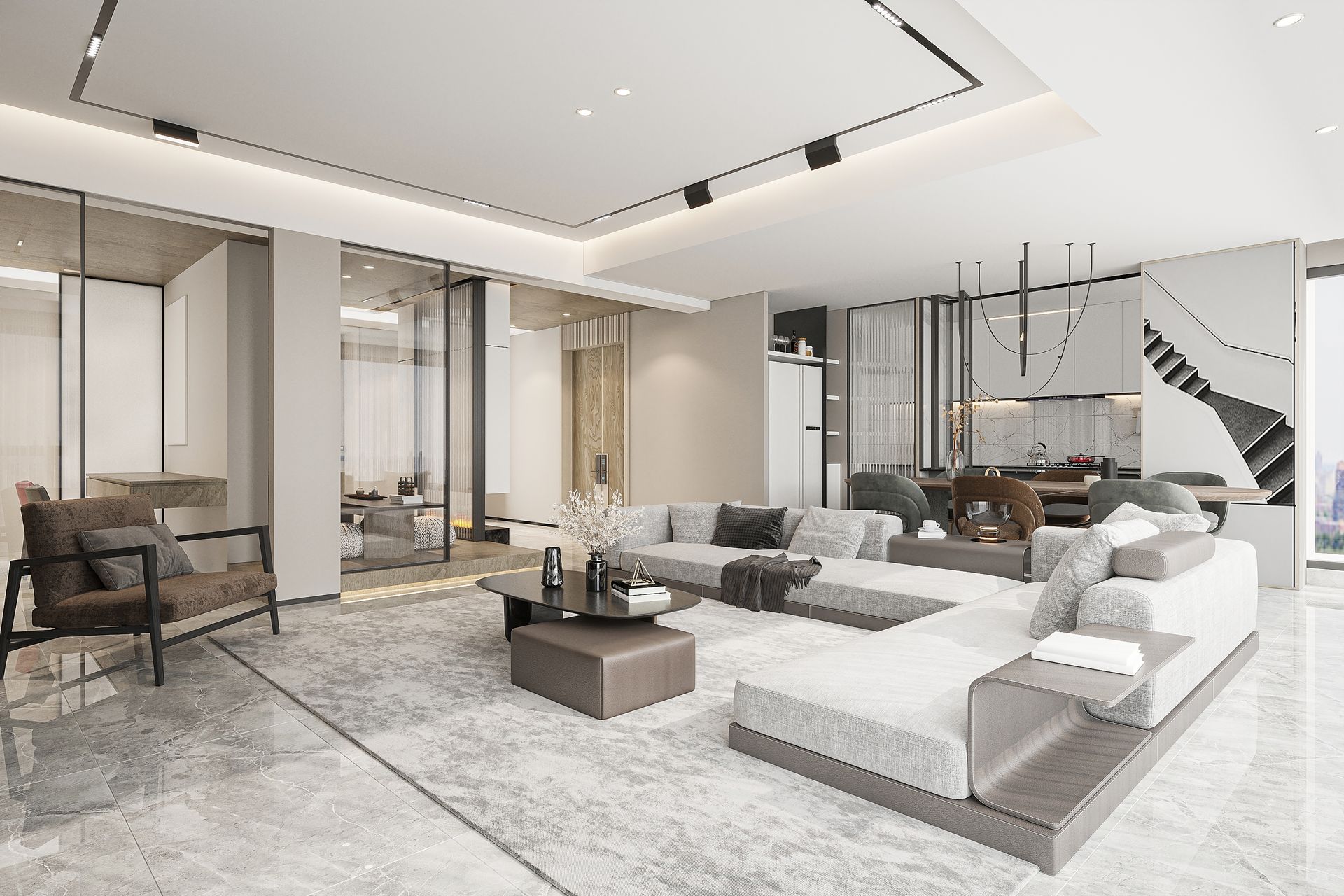 Modern open-concept living room with white sectional sofa, marble floor, and glass partitions