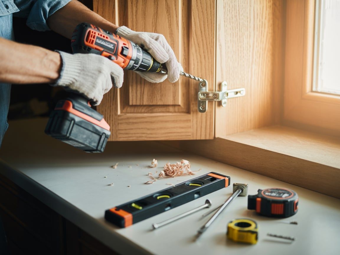 Person using a drill to install a hinge on a wooden cabinet, with tools laid out on a countertop.