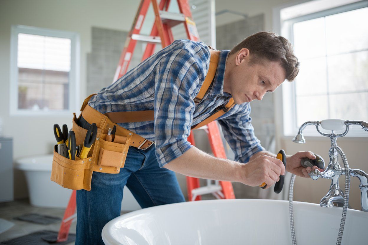 A plumber is fixing a faucet in a bathroom.