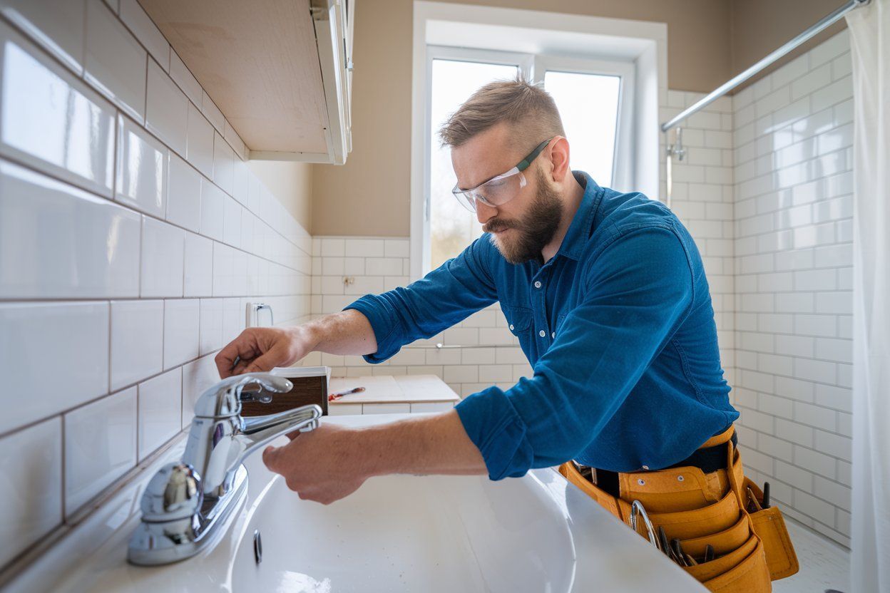 A man is fixing a faucet in a bathroom.