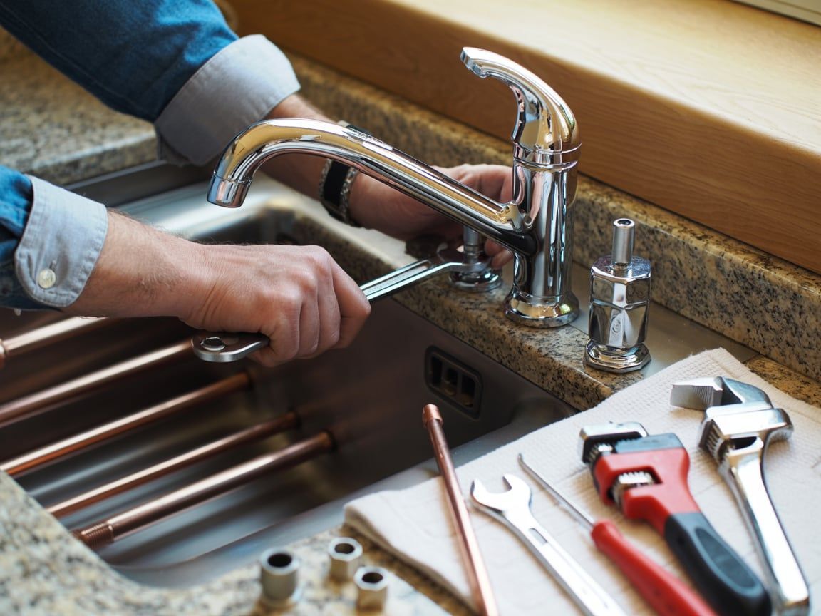 Plumber installing a chrome faucet in a kitchen sink, using a wrench. Copper pipes and tools are nearby.