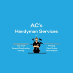 Blue logo: a handyman with tools, "AC's Handyman Services" text, and service list below.