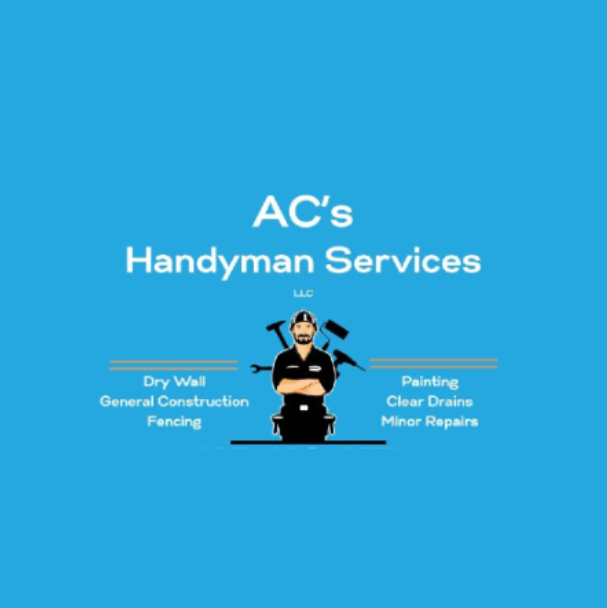 Blue logo: a handyman with tools, "AC's Handyman Services" text, and service list below.