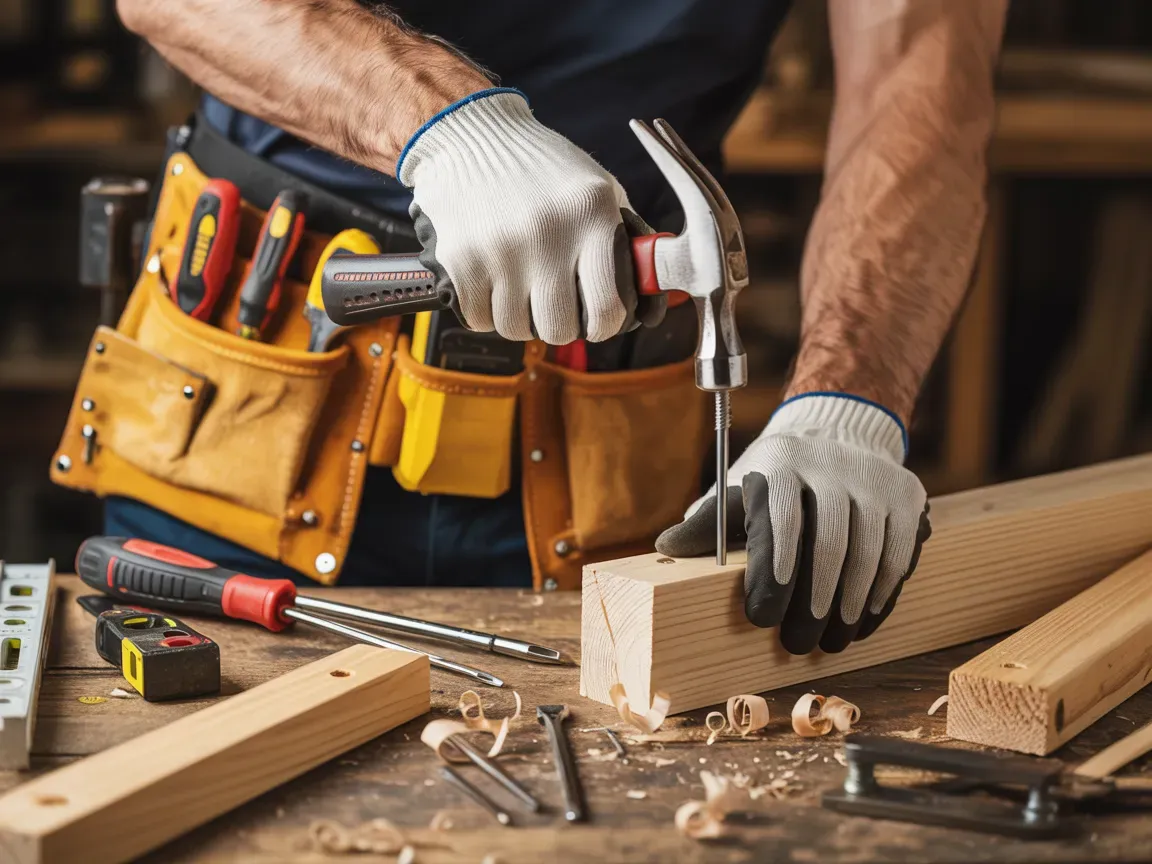 Carpenter using a hammer to nail wood. Wearing gloves and a tool belt, working on a wooden table.