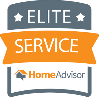 HomeAdvisor Elite Service badge with orange ribbon and gray details.