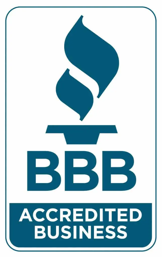 Blue BBB Accredited Business logo with a stylized flame.