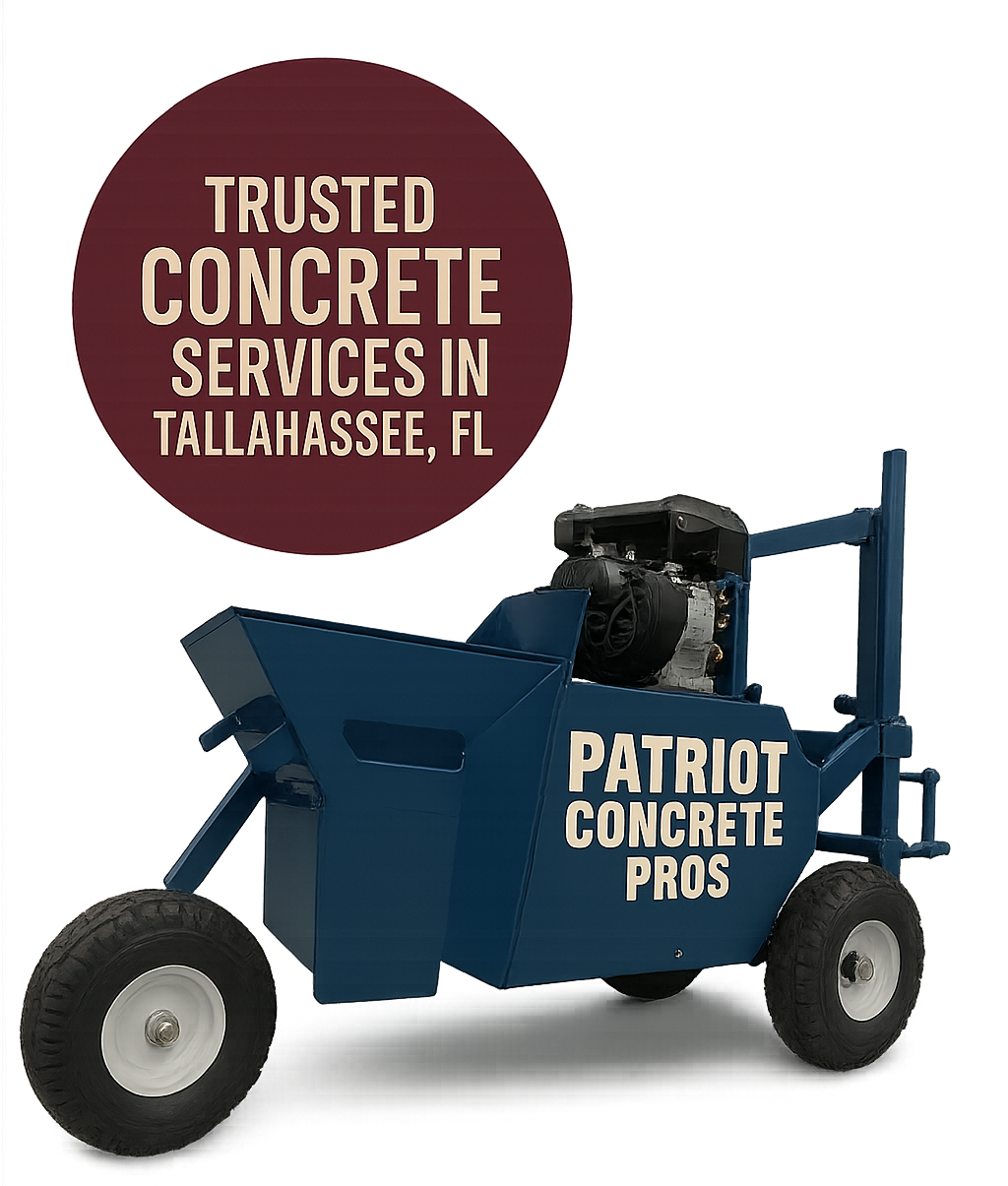Blue Patriot Concrete Pros machine, red circular logo with white text: