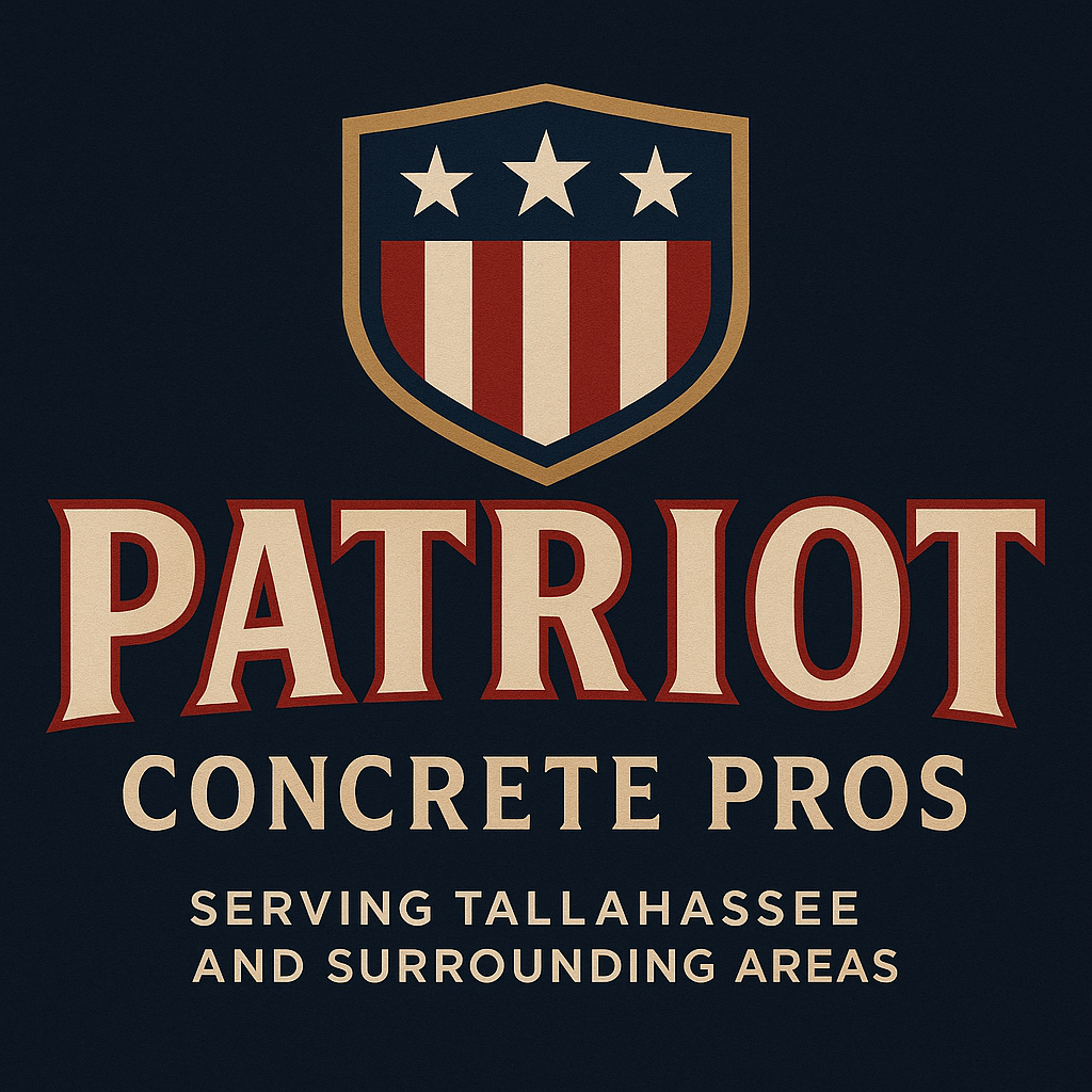 Logo: Patriot Concrete Pros, featuring a shield with stars and stripes, text