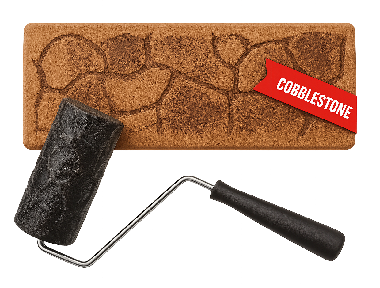 Cobblestone patterned paint roller with a sample showing the texture.