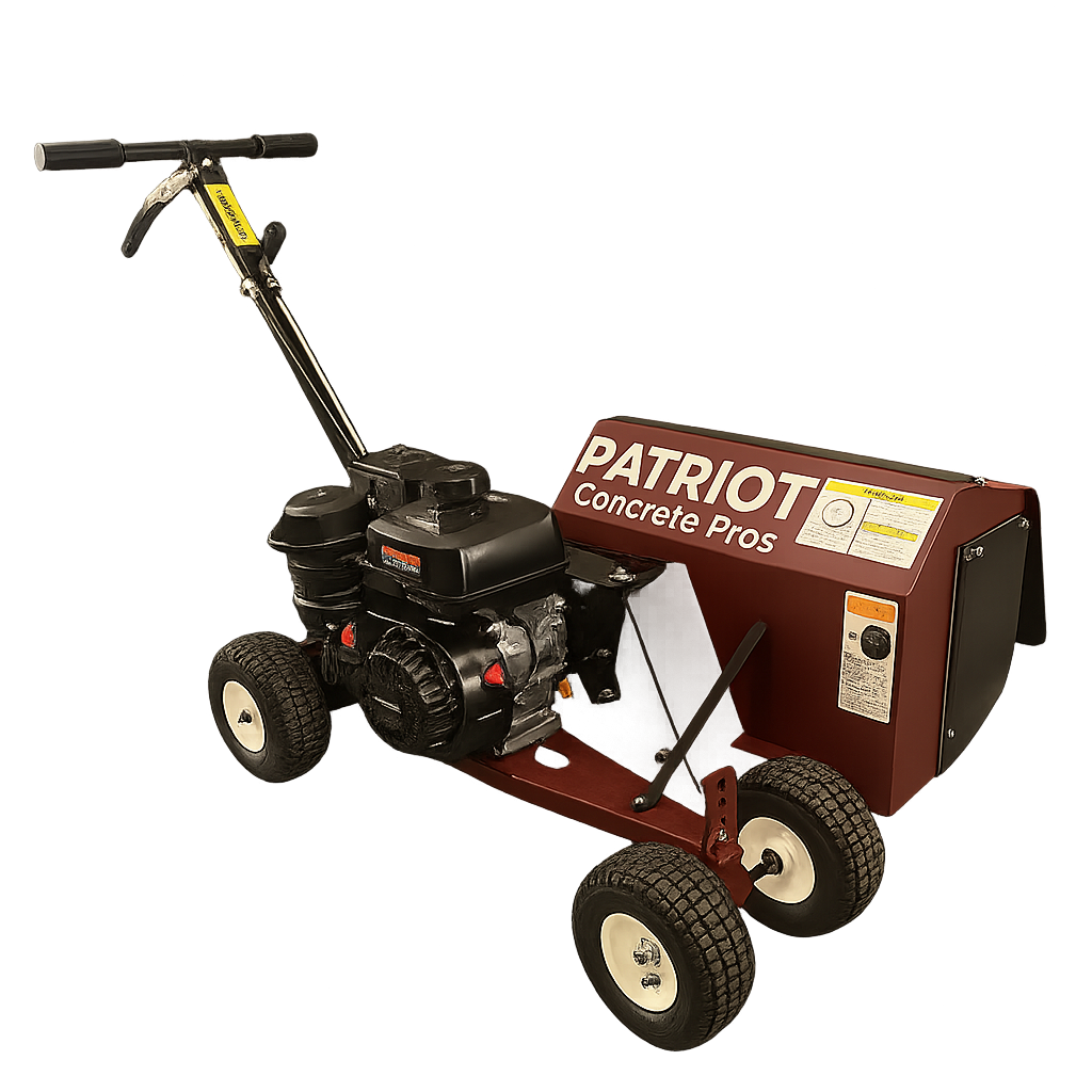 Red and black Patriot Concrete Pros concrete saw on wheels.