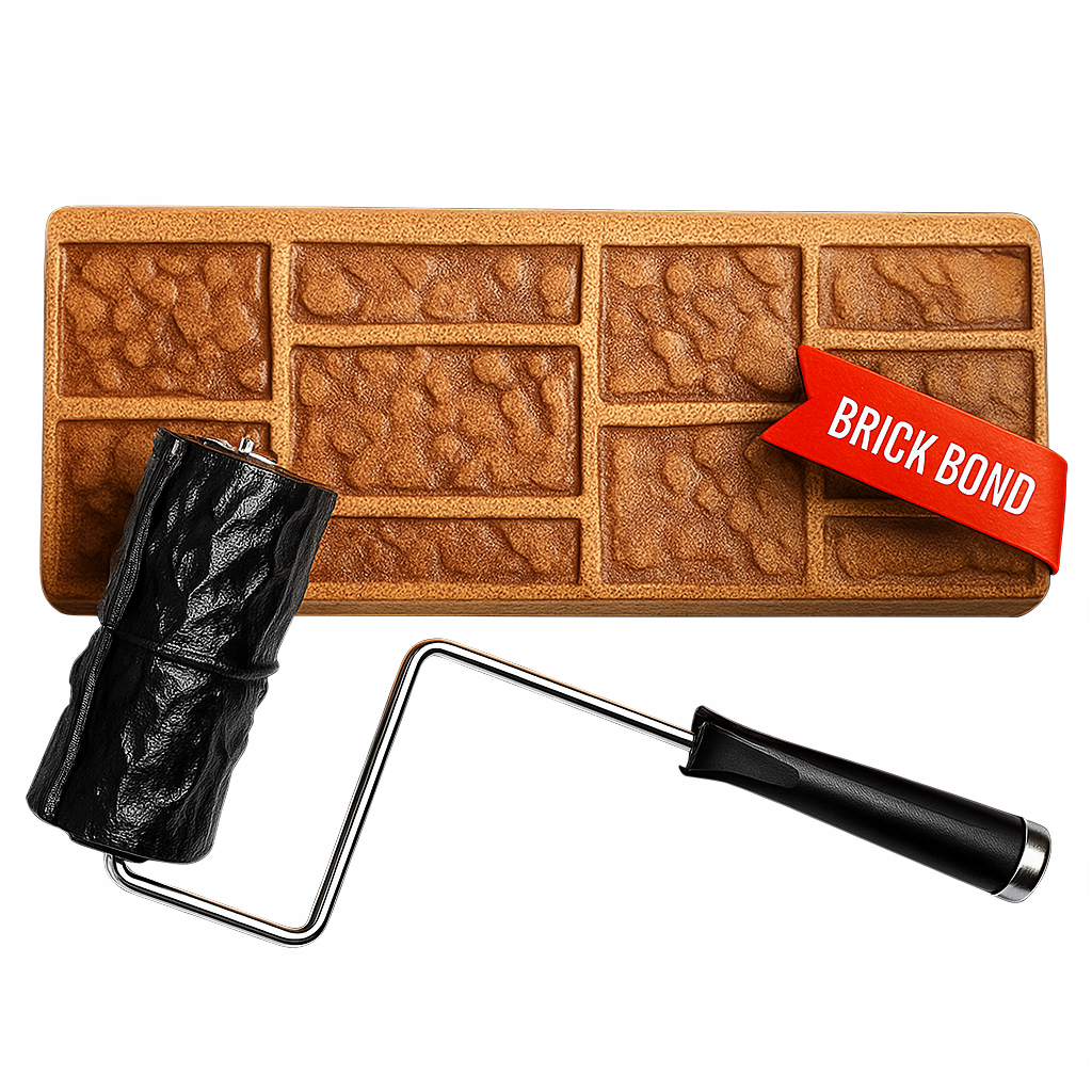 Brick bond textured roller and template. Brown, black, and red. For wall decorating.