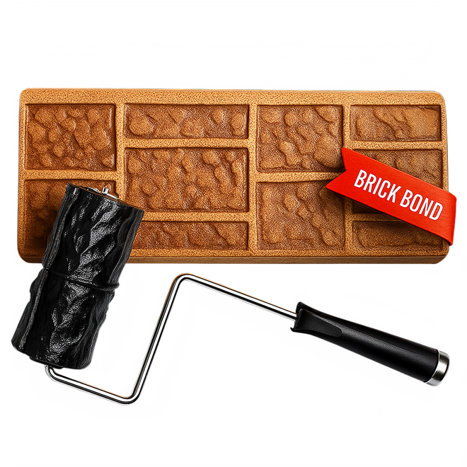 Brick bond textured roller and template. Brown, black, and red. For wall decorating.