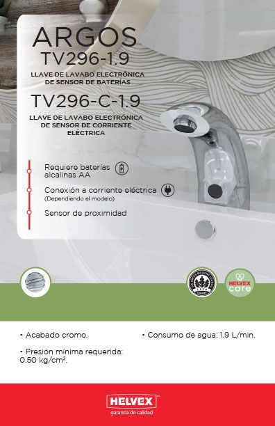 Argos TV296-1.9 llave de lavabo electrónica de sensor de baterías