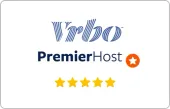 Vrbo Premier Host badge with five gold star ratings and an orange star icon.