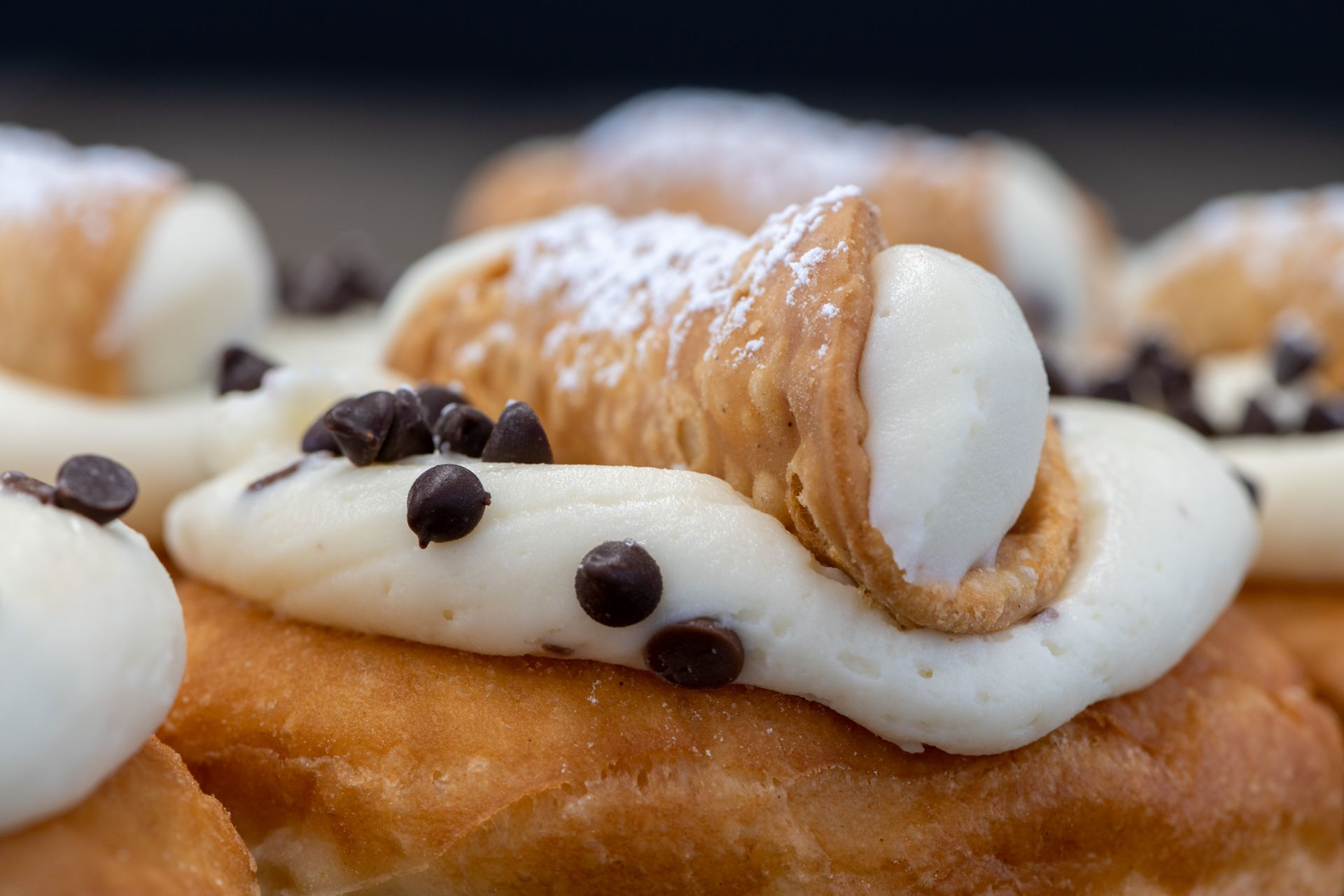 A close up of a cannoli with whipped cream and chocolate chips.
