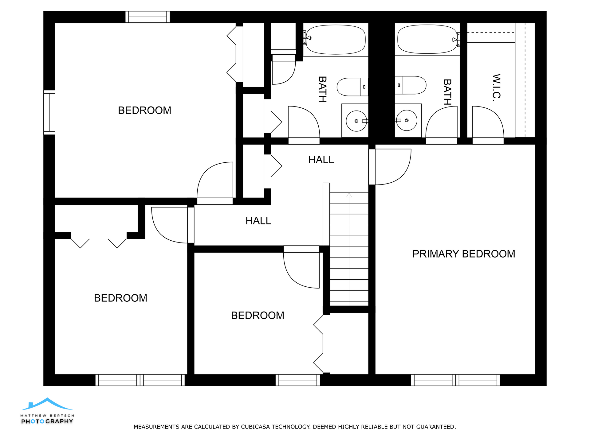 A black and white floor plan of a house with bedrooms and bathrooms.