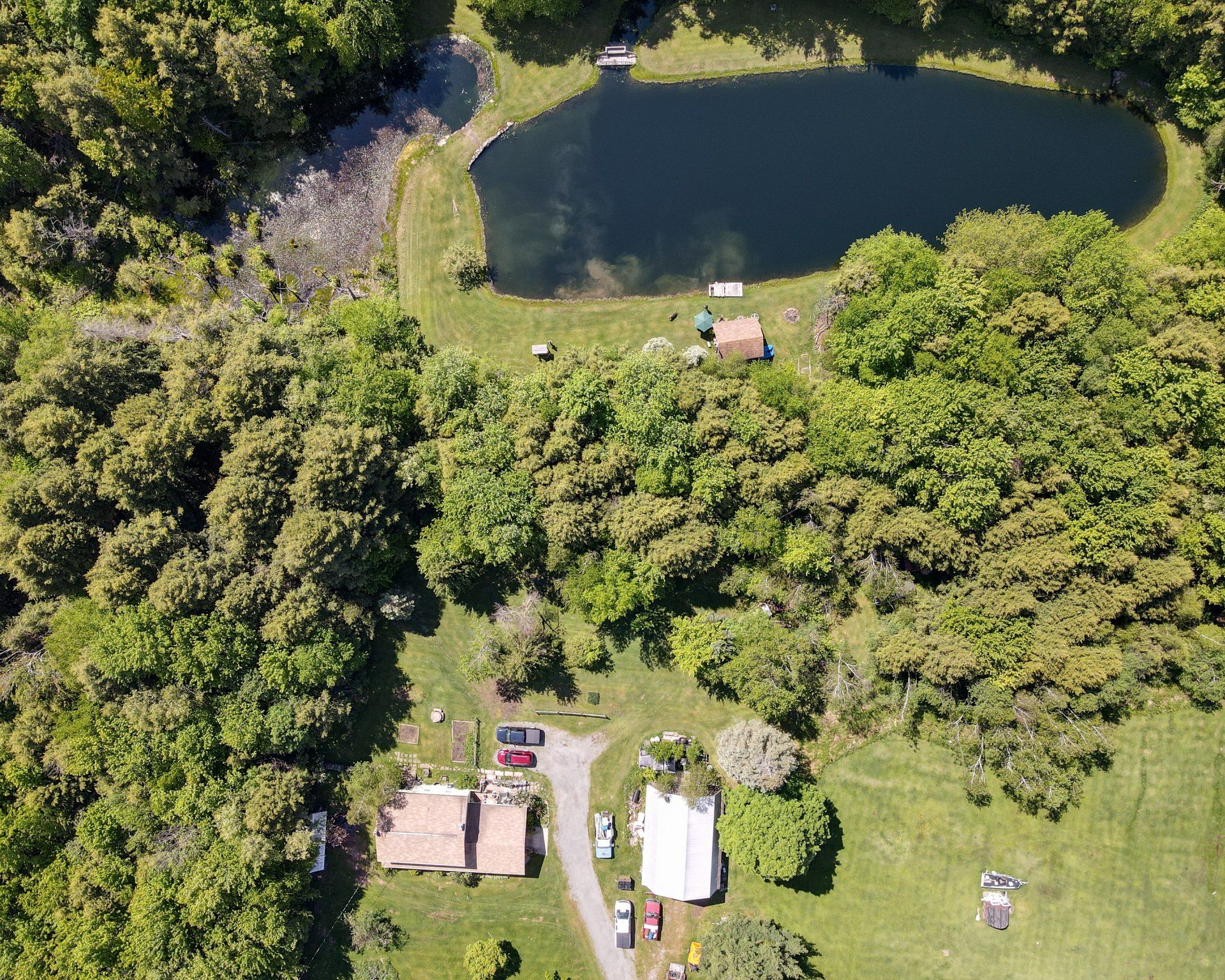 An aerial view of a lake surrounded by trees and grass