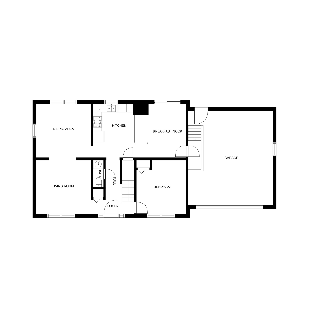 A black and white floor plan of a house with a garage.