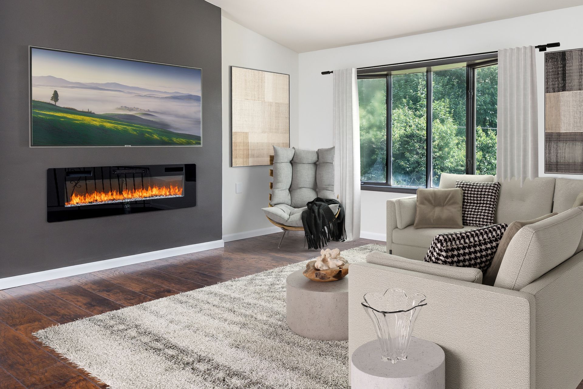 A living room with a fireplace , couch , chair and table.