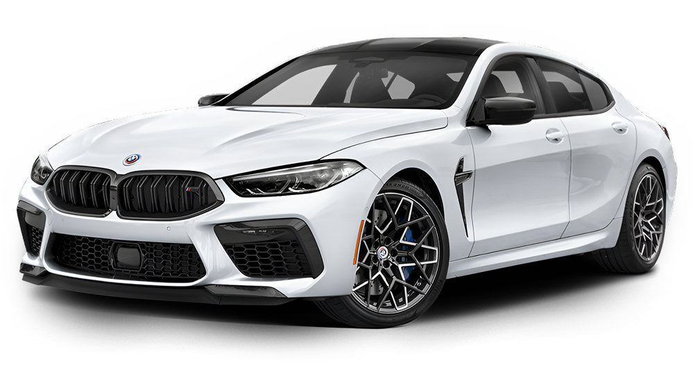 White BMW M8 Gran Coupe, black accents, on a white background.