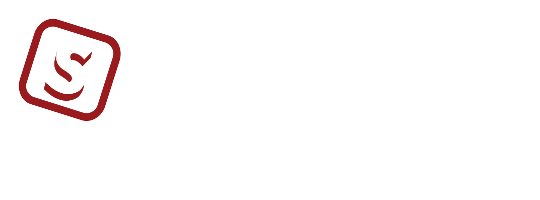 Red, square-shaped logo with curved lines resembling a smiley face.