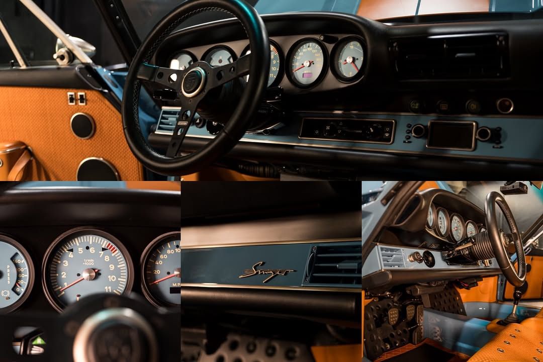 Classic car interior details: black steering wheel, tan seats, gauges, blue dashboard accents.